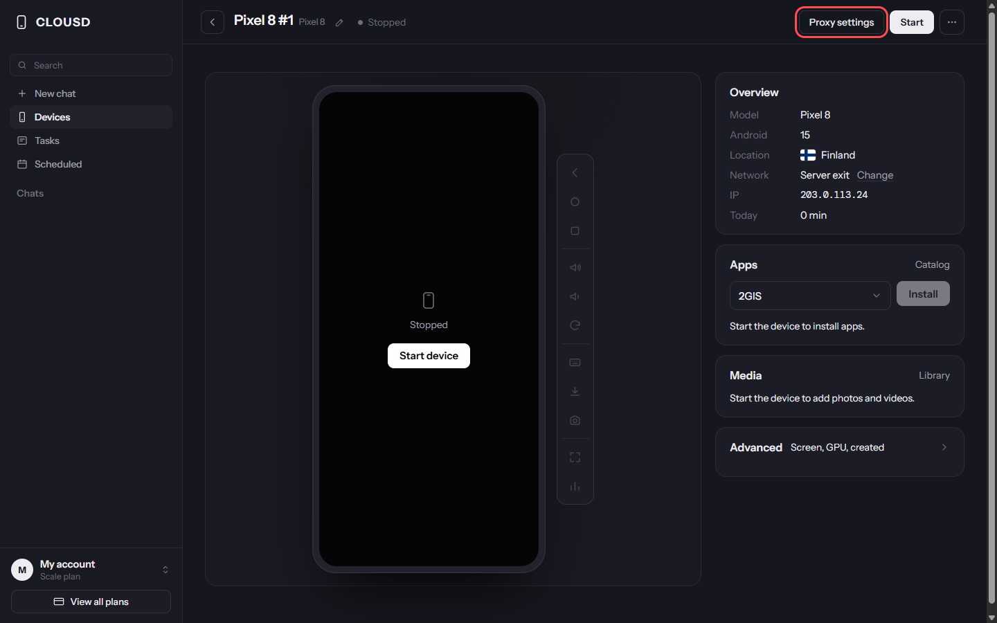 The phone page with the Proxy settings button